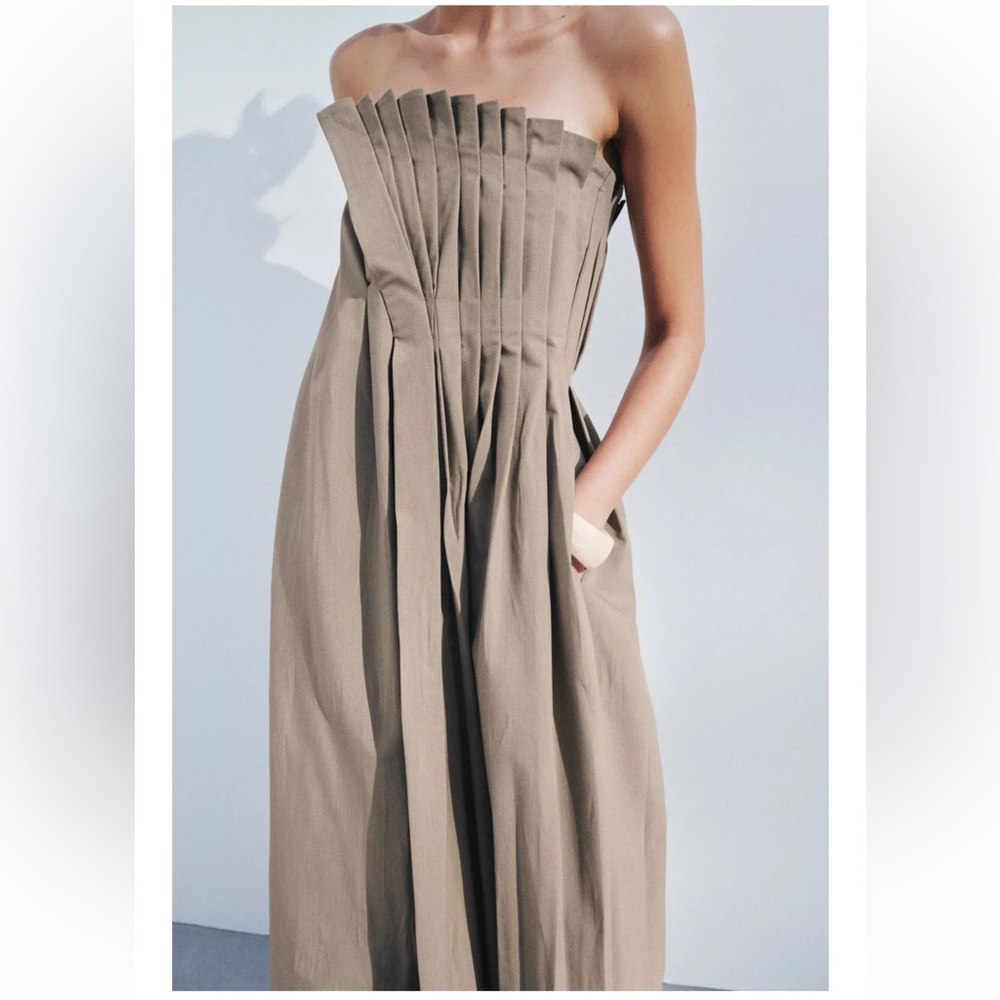 Zara Strapless Pleated Maxi Dress in Taupe